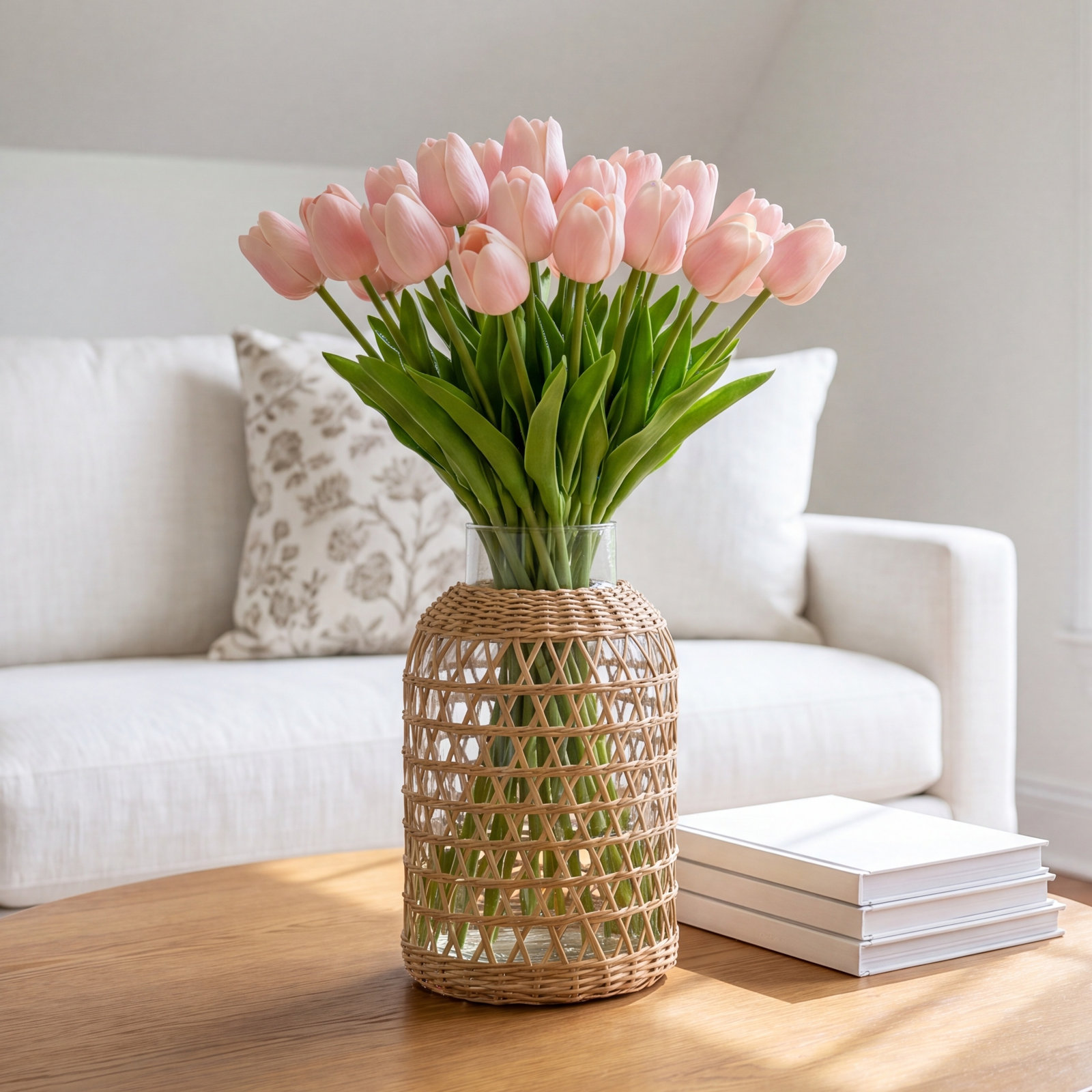 20PCS Tulips Artificial Flowers Faux Silk Tulip Stems Fake Flowers Bouquets for Vase Wedding Home Decoration, Light Pink