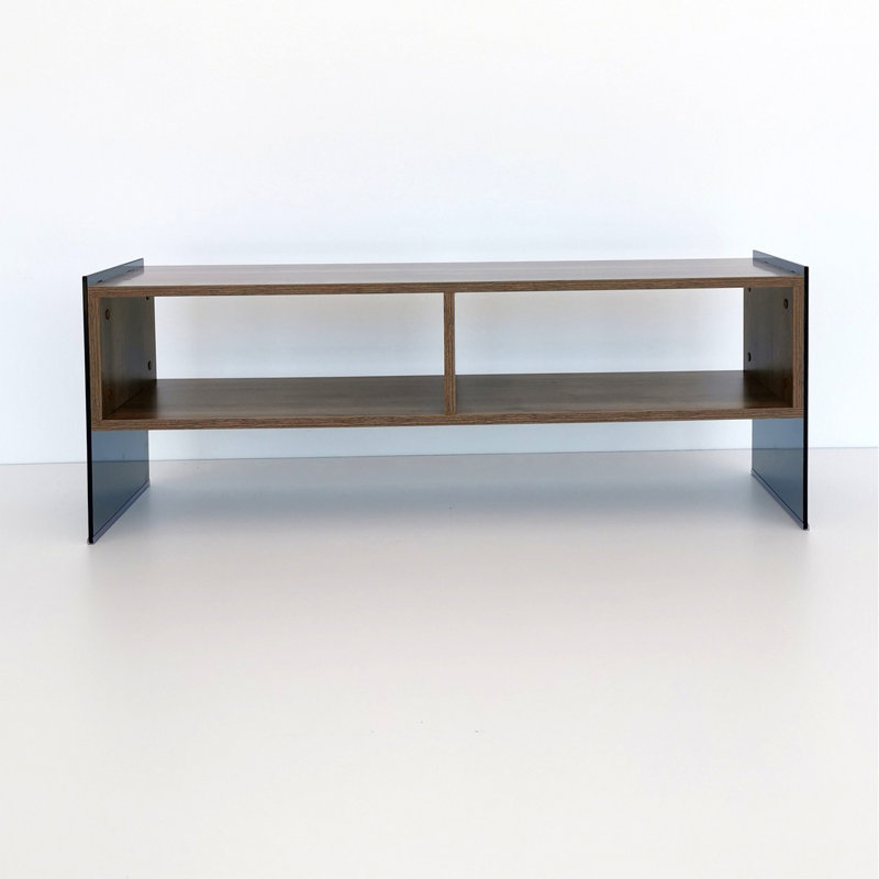 Meuble télé moderne avec option de fixation murale, finition noyer et fumée, 47,2 po x 17,7 po x 13,8 po | 100% panneau de particules enduit de mélamine, épaisseur de 0,3 po, cadre 100% verre trempé | Capacité de poids maximale: 44 lb, design élégant et fonctionnel