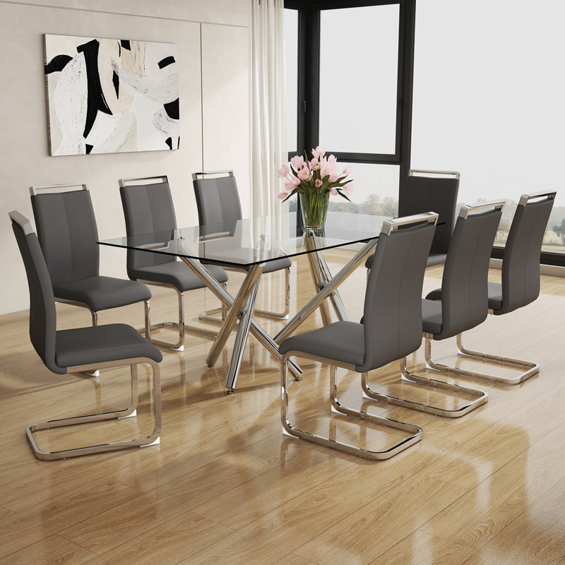 Daarina Modern Dining Table Set, Large Rectangular Glass Table with Silver X-Base and Faux Leather Cantilever Chairs, 9