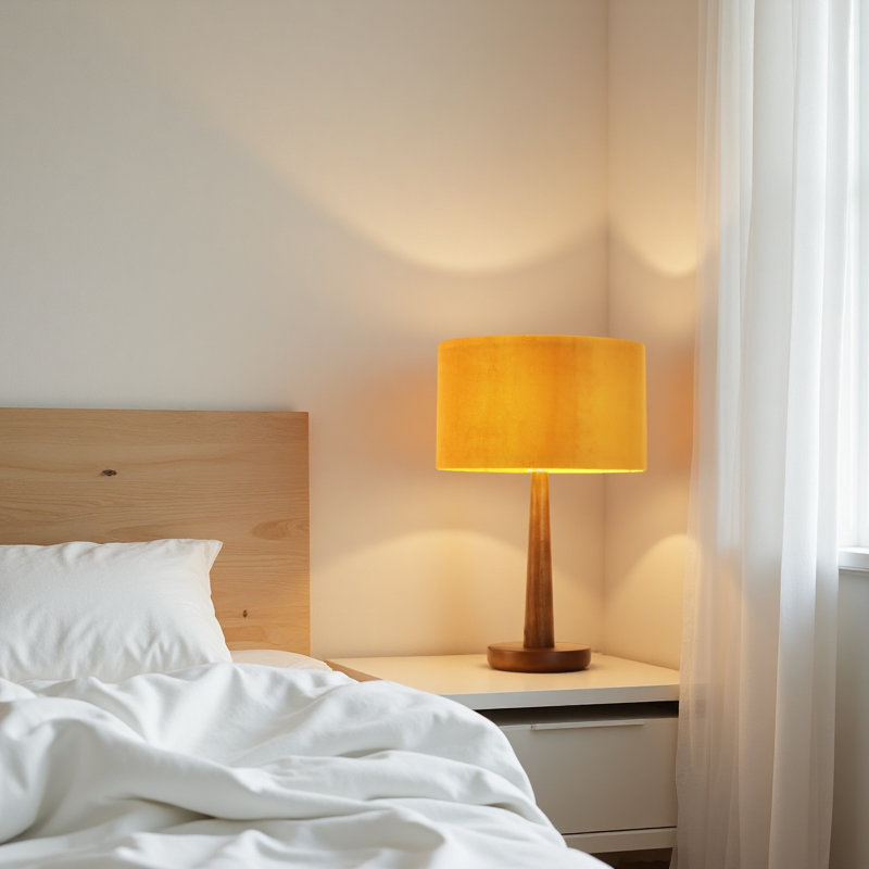  Lampe de table effilée en bois massif 18,5 "avec abat-jour rond en velours, lampe d'appoint moderne en bois véritable avec base E26 pour chambre à coucher et salon