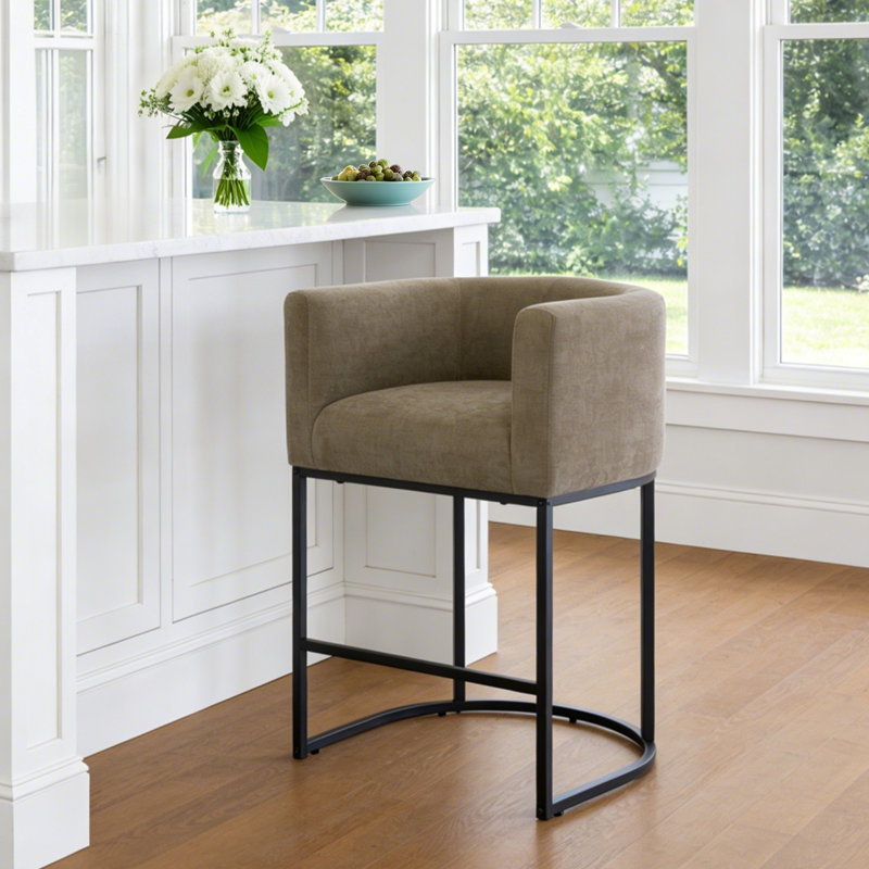 26" Upholstered Metal Barrel Counter Bar Stool, Brown Seat/Black Frame, 1