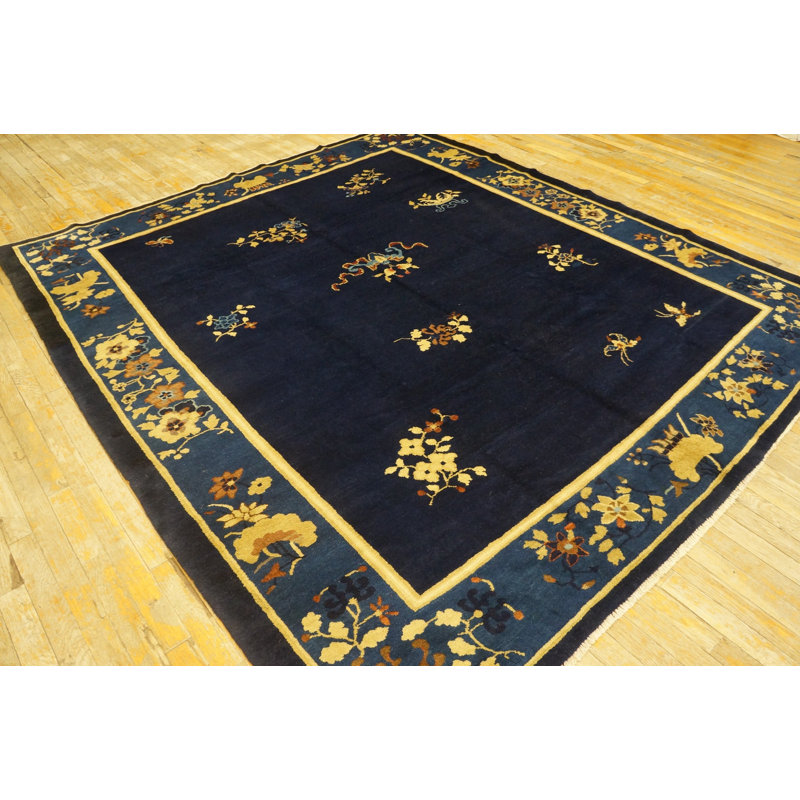 Antique Navy Blue Allover Floral Chinese Square Room Size Peking Rug