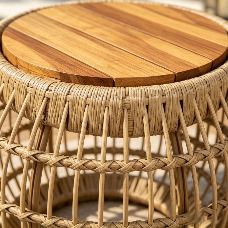 Table d'appoint d'extérieur en bois d'acacia avec base en osier