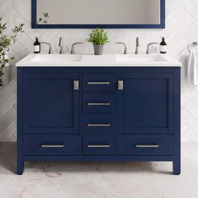 Minnich 48 In. Blue Double Sink Bath Vanity With Carrara Quartz Top And Undermount Porcelain Sinks