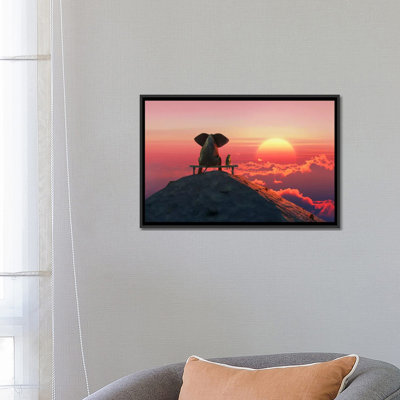 Reproduction d’art, "Elephant and Dog sit on a Mountain Top at Sunset" par Mike Kiev