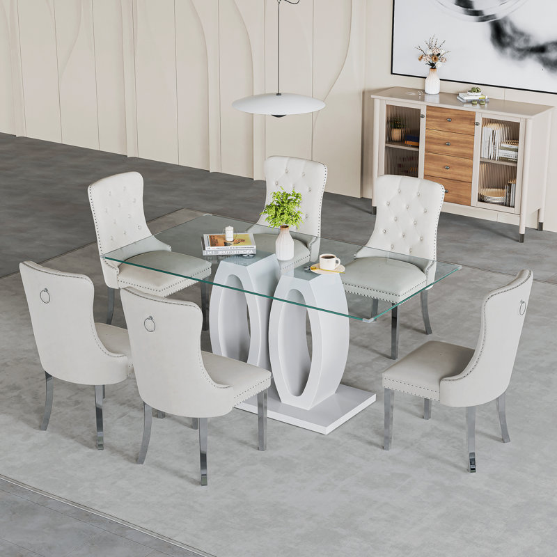 Ensemble repas, 7 pièces : table, 6 chaises, Blanc / argenté, Blanc