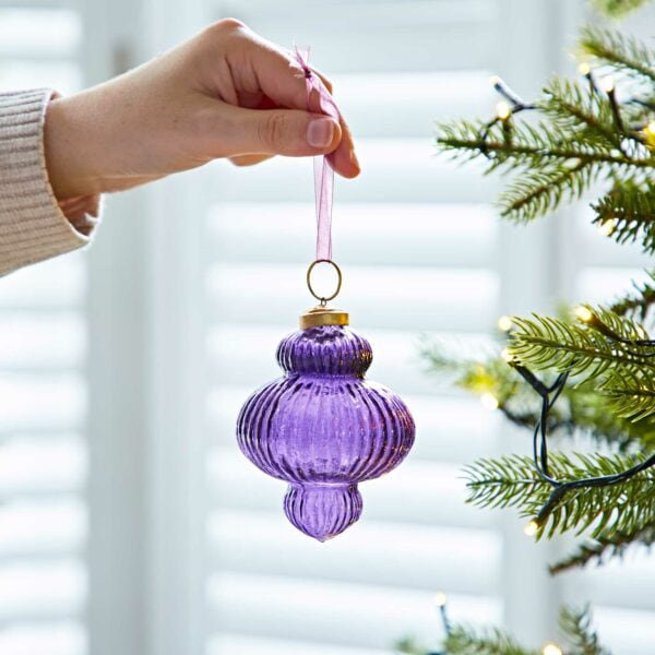 9.5cm Clear Glass Bauble, Purple