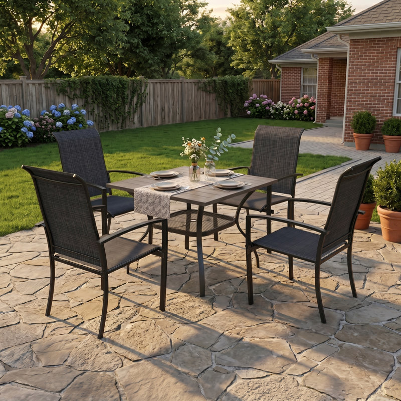 4-Person Square Patio Dining Set With Stackable Textilene Chairs, Brush Wood Gray/Black