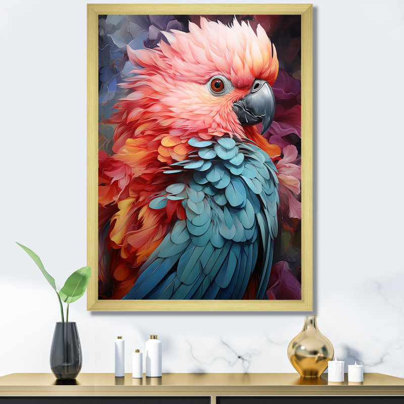 Plumes d'harmonie roses et bleues, Cadre doré simple, H 20 po x l 12 po x P 1 po