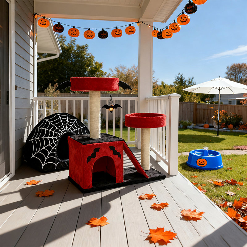 Gothic Halloween Cat Tree Tower with Scratching Ladder, Multi Level Cat Tree with Platforms