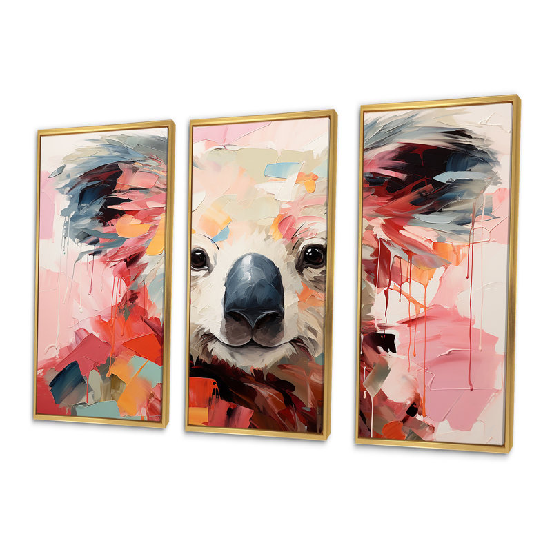 Floral, rose et vert Koala III - Koala, art mural animal, Cadre flottant doré, H 32 po x l 48 po