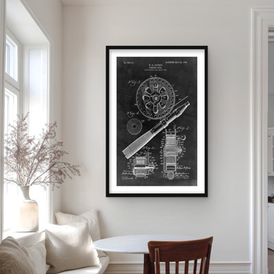 Black Blueprint Fishing Reel - Framed Matted Print for Decor