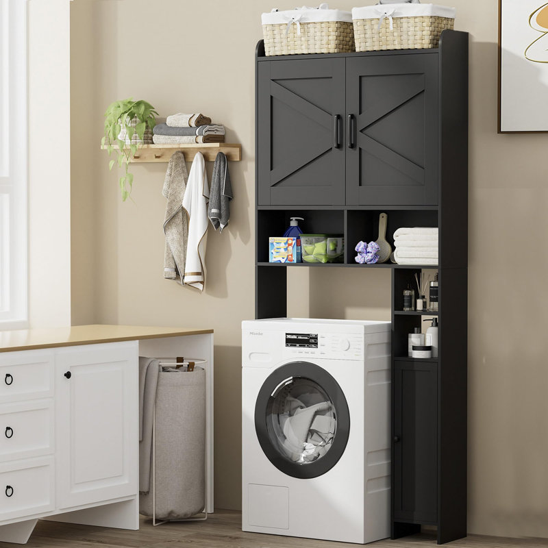 Armoire de rangement au-dessus de la toilette avec 2 portes de grange et porte-papier hygiénique, économiseur d'espace autoportant pour la salle de bain
