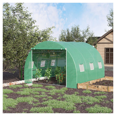 Serre tunnel Outsunny 10' x 10' avec structure en acier, couverture en PE, fenêtres enroulables et porte zippée pour le jardinage