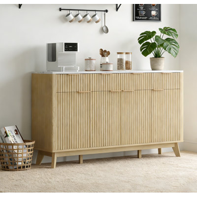 Grande armoire-buffet de style campagnard de 60 po avec tiroirs de rangement et tablettes réglables, armoire de rangement à cannelures en bois et console de bar pour le salon et la cuisine