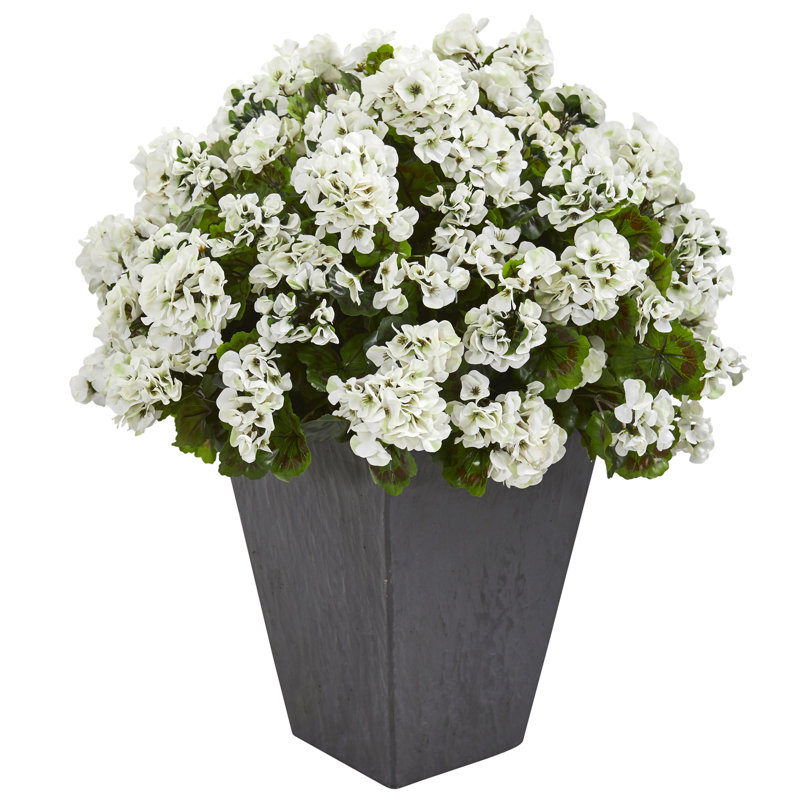 33in. Geranium Artificial Plant in Slate Planter UV Resistant (Indoor/Outdoor), Blanc