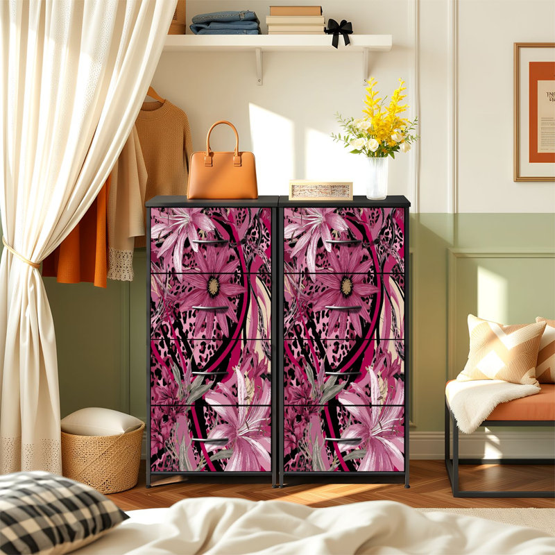 Commode moderne pour la chambre à coucher avec 4 tiroirs de rangement Imprimé léopard dynamique Cœurs roses Commode à motif floral abstrait Commode en tissu avec cadre en acier pour vestibule
