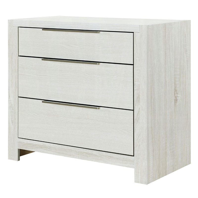 Table de chevet moderne à finition beige avec 3 tiroirs de style transitionnel pour chambre à coucher, rangement de chevet pleine extension et quincaillerie longue en métal, aucun assemblage requis