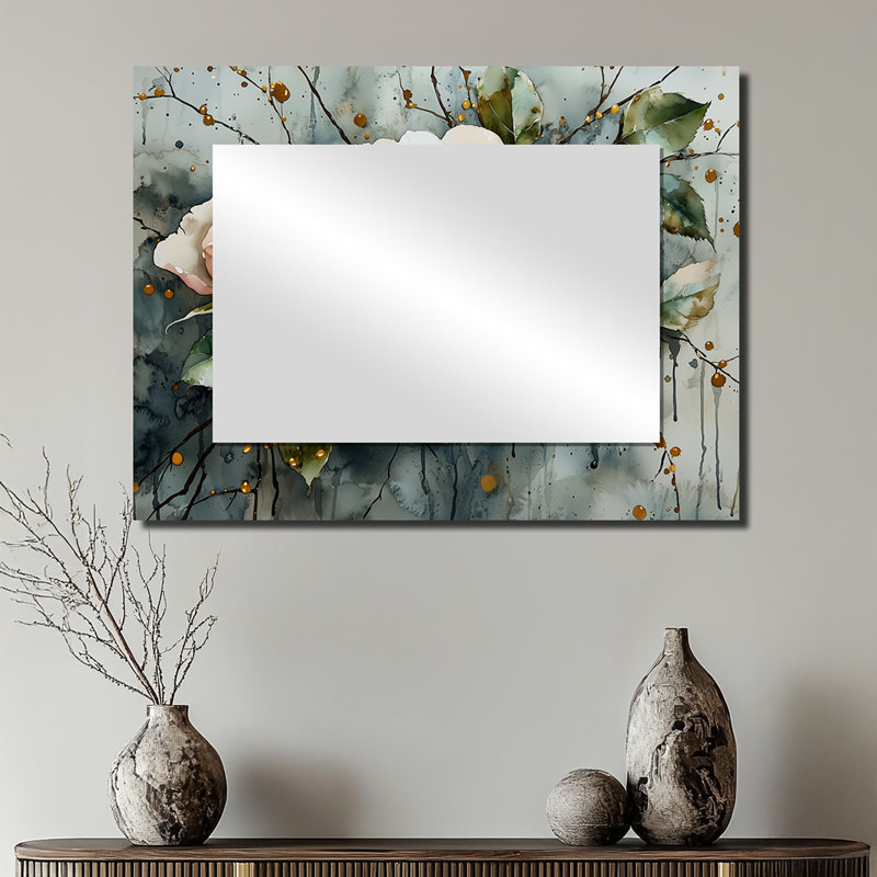 Watercolor of Thorn and Bloom Roses II - Miroir floral pour décoration murale - imprimé sur métal, 24 po x 32 po