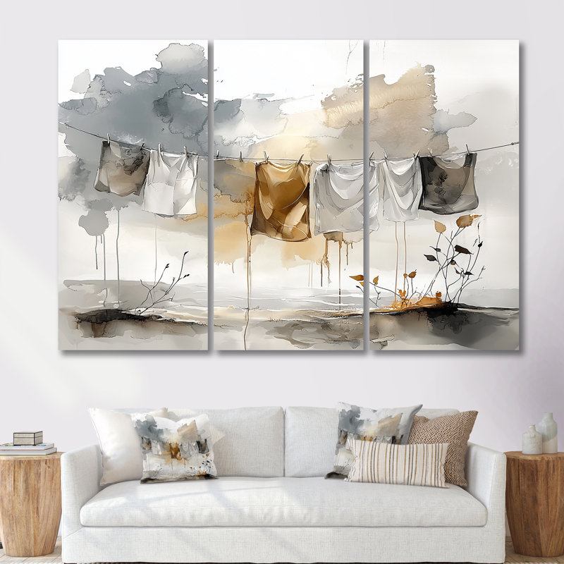 Ensemble de décorations murales gris Hanging Out Laundry I, Toile tendue, H 40 po x l 60 po x P 1 po