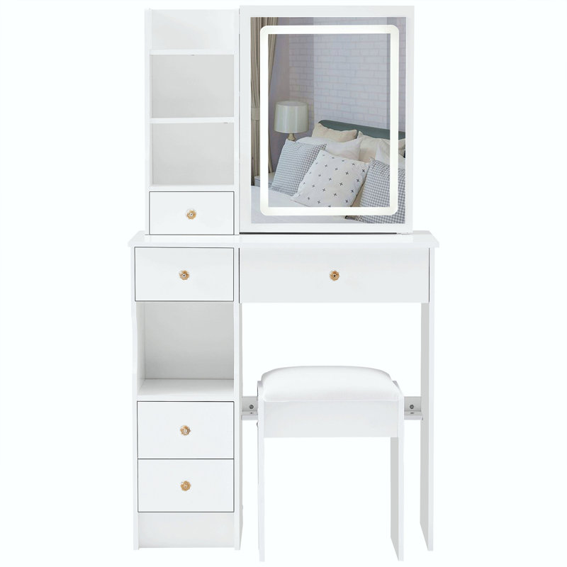 29.2" Small Size Left Drawer Desktop Vanity Table + Cushioned Stool, Large Sliding, Touch Control, Tri-Color Switching, Brightness Adjust Led Mirror, High Capacity Storage, Suitable For Small Space