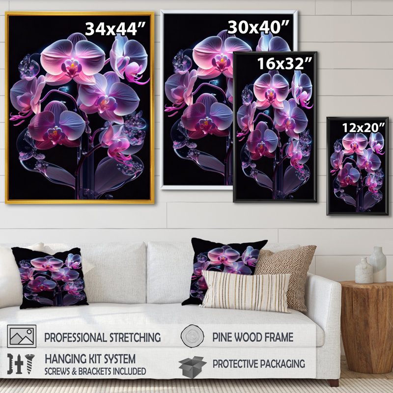 «Blooming Orchid in Fluorescent Mauve and Blue II», reproduction sur toile, H 20 po x l 12 po x P 1 po