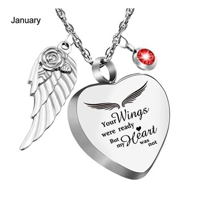 January to December Birthstone Heart Necklace with Angel Wings Bone Ash Storage Red Rhinestone Personalized Gift for Friends And Lovers Daily Wear And Party Jewelry