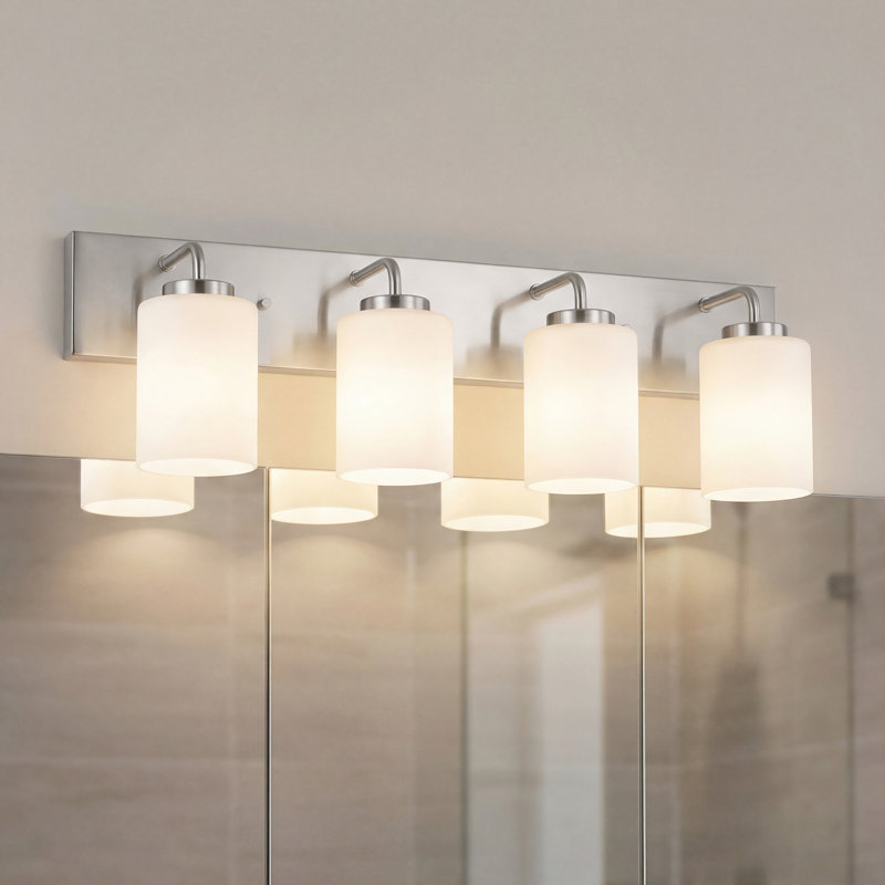 4-Light Brushed Nickel Bath Vanity Light with Etched Glass Shades, Brushed Nickel
