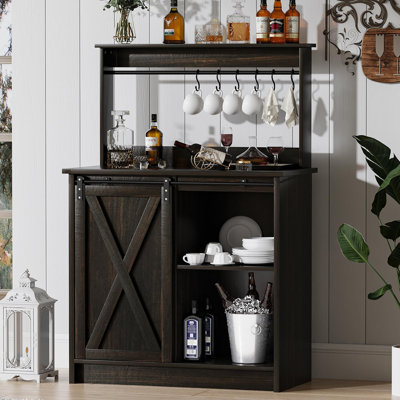 Farmhouse Coffee Bar Cabinet with 6 Hooks, Coffee Bar Hutch with Storage, Buffet Cabinet with Sliding Barn Door, Coffee Bar Table with Adjustable Shel by Gracie Oaks