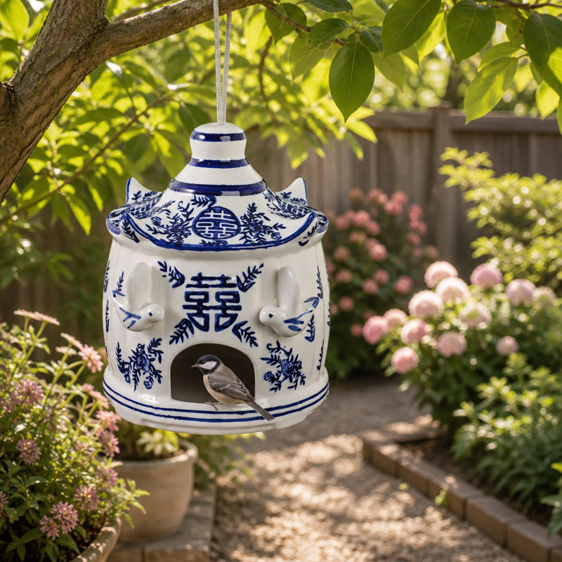 Sagebrook Home 8X7" Chinoiserie Large Pagoda Bird House, White/Blue