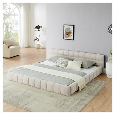 Très grande base de lit tapissier avec tissu en chenille touffeté de très grande taille, motif bas avec tête de lit douce, pas de sommier tapissier - beige