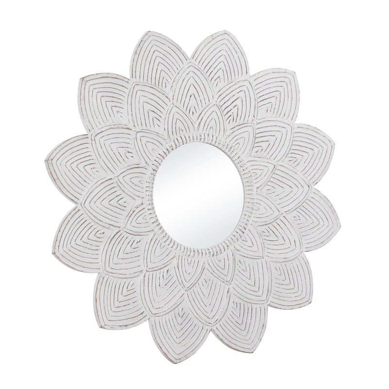 White Carved Floral Round Wood Wall Mirror