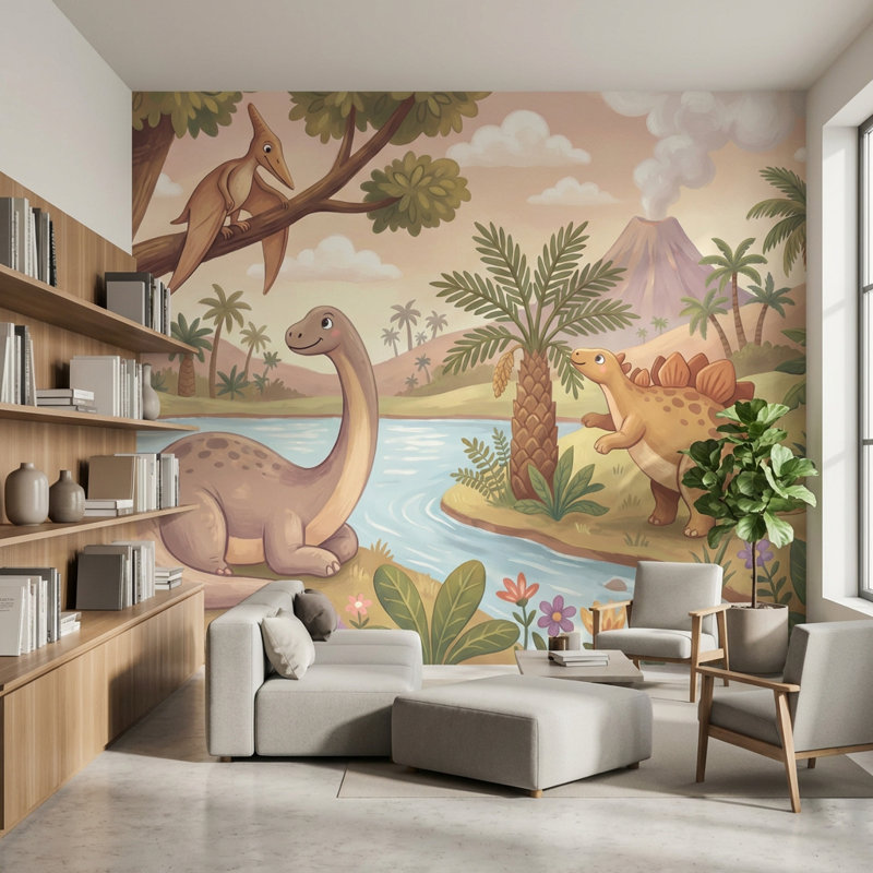 Papier peint dinosaure paysage volcanique, 100 po x 96 po, Peler et coller