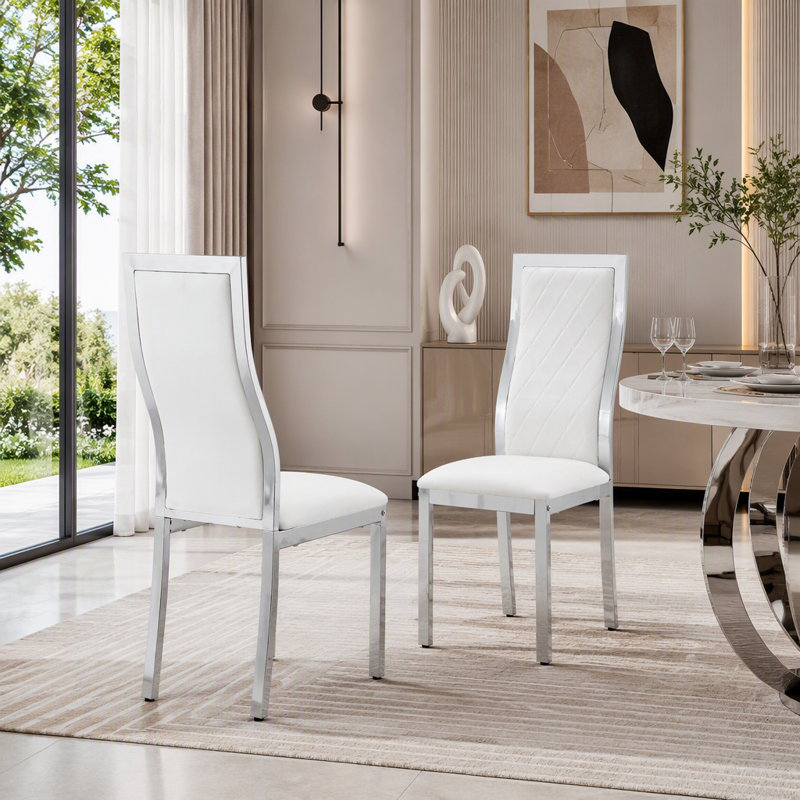 Ensemble de 2 chaises de salle à manger modernes en chrome avec motif à losanges et dossier ergonomique, Silver/White