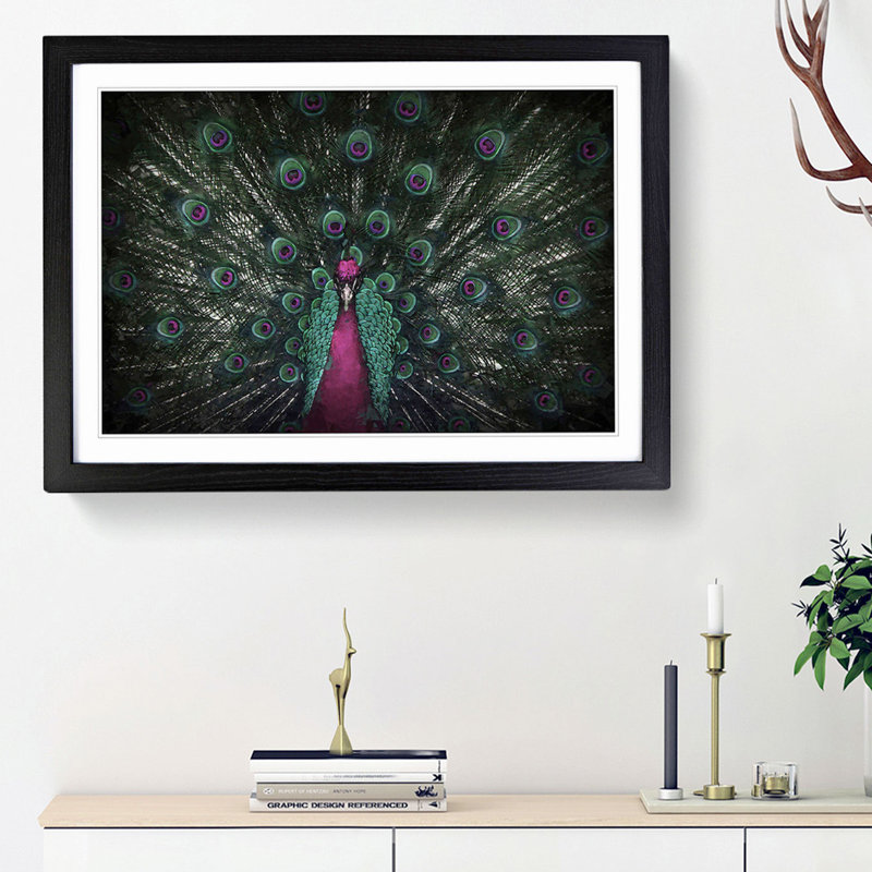 Mesmerising Pink & Green Peacock - Picture Frame Graphic Art Print on MDF, Black Framed, 48cm H x 65cm W x 2cm D