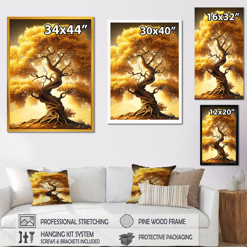 «Majestic Yellow Golden Tree I» sur toile, Cadre flottant blanc, H 20 po x l 12 po x P 1 po