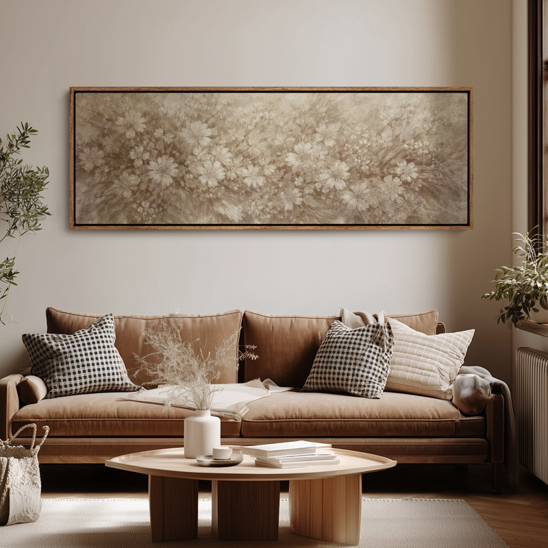Extra Large Vintage Sepia Floral Botanical Field Framed Canvas Print Wall Art, 20" H x 60" W, Natural