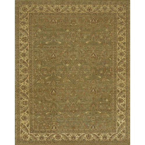 Angora Wool Oriental Area Rug in Green/Ivory, Rectangle 6' x 9'