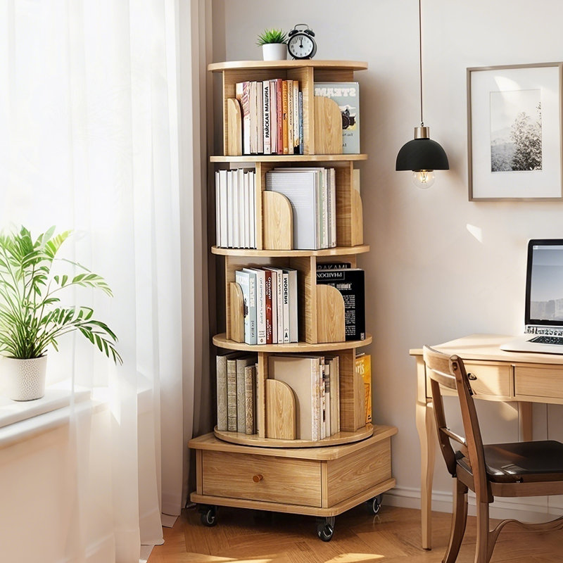 Bibliothèque rotative à 5 niveaux, bibliothèque rotative à 360 ° avec roulettes, peu encombrante, petite bibliothèque rotative pour chambre à coucher, salon