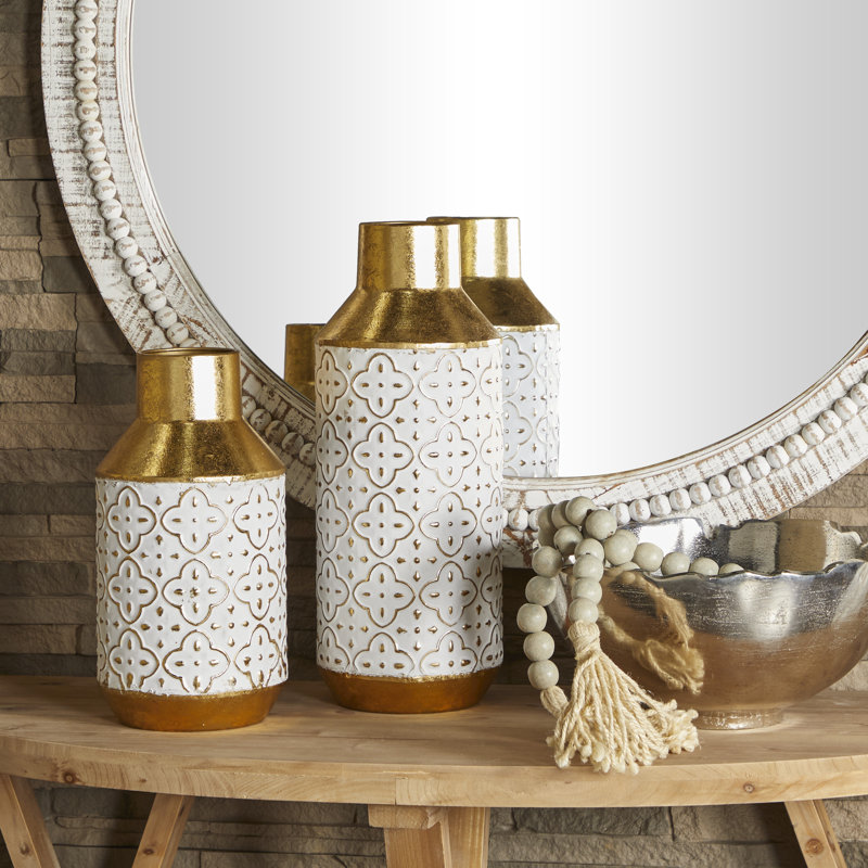 Metal Handmade Embossed Quatrefoil Decorative Gold Vase with Gold Detailing Set