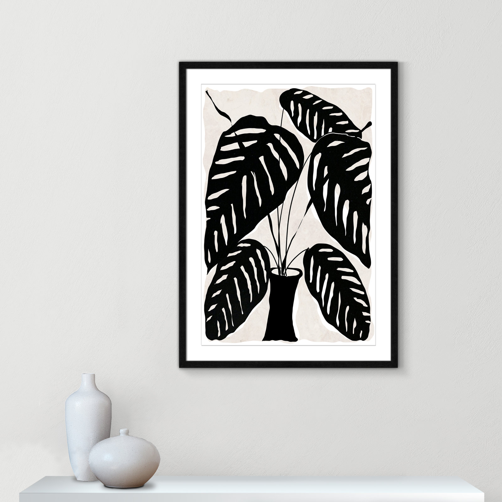 Black and White Potted Plant I Print, 35.5" H x 25.5" W x 0.75" D, Black Framed
