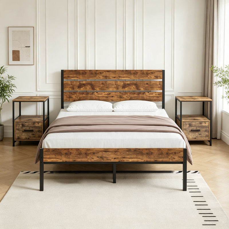 3 Piece Bedroom Set, Industrial Bed Frame with 2 Nightstands Set, Metal Platform Bed with Wood Headboard & Footboard, Farmhouse Bedroom Furniture Set with End Tables, No Box Spring Needed, Easy to Assembly