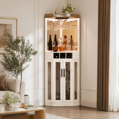 Corner Bar Cabinet with LED Lights, Mirrored Backing, Glass Doors, Stemware Racks and Wine Storage