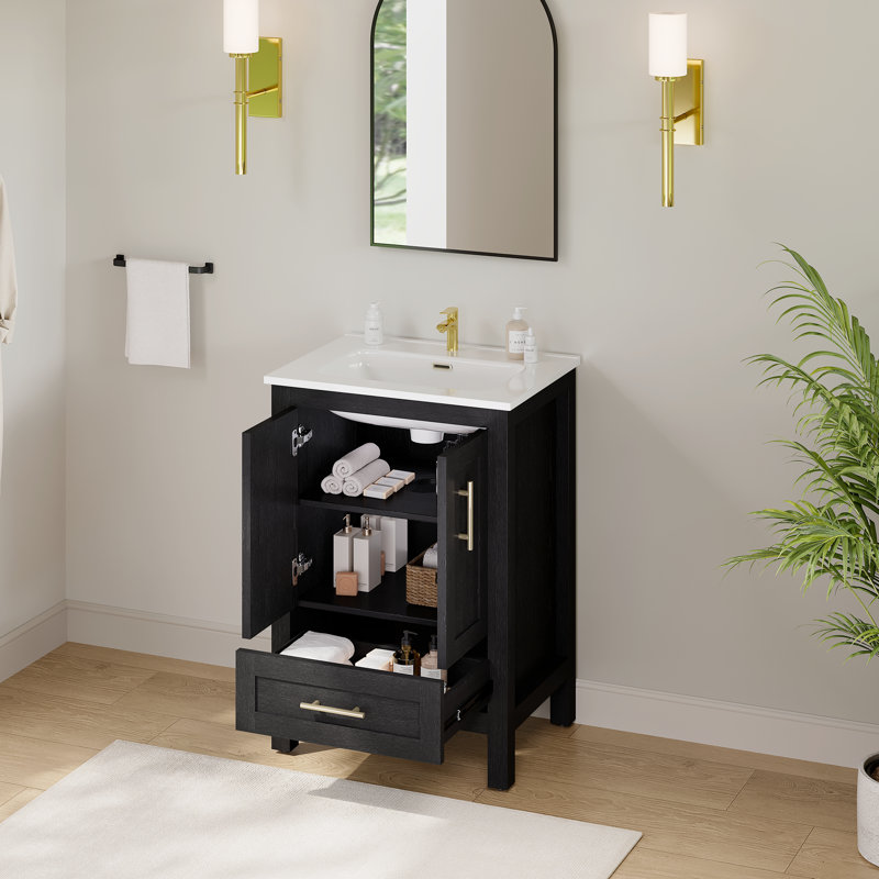 Meuble-lavabo autoportant simple de 24 po avec lavabo en céramique Lumina, noir, contreplaqué de bois franc, portes à fermeture en douceur et rangement réglable intérieur