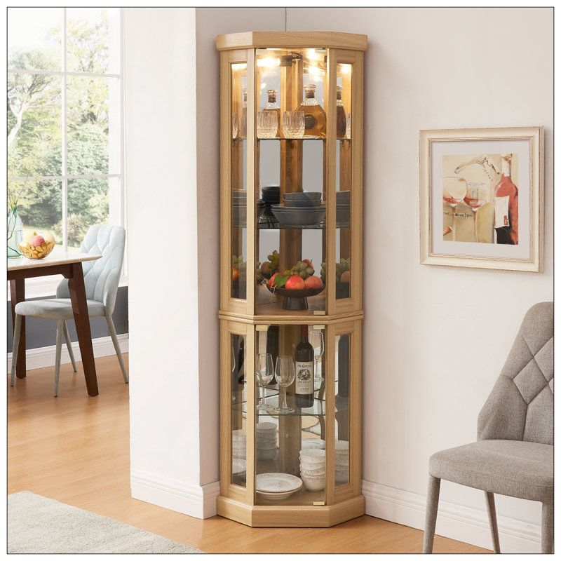 Vitrine de coin lumineuse - Vitrine de salon, objets de collection antiques, rangement pour verres à vin et à bar - Design élégant d'angle avec lumières incluses - chêne