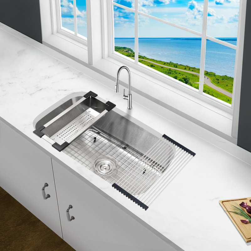 Évier de cuisine encastré classique avec accessoires pour évier KBFmore, Bol simple 30 "de calibre 18