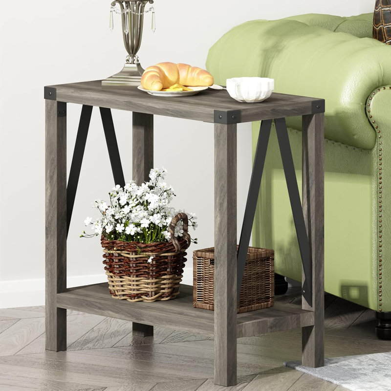 Gray Rustic Farmhouse End Table with Storage Shelf, 2 Pack