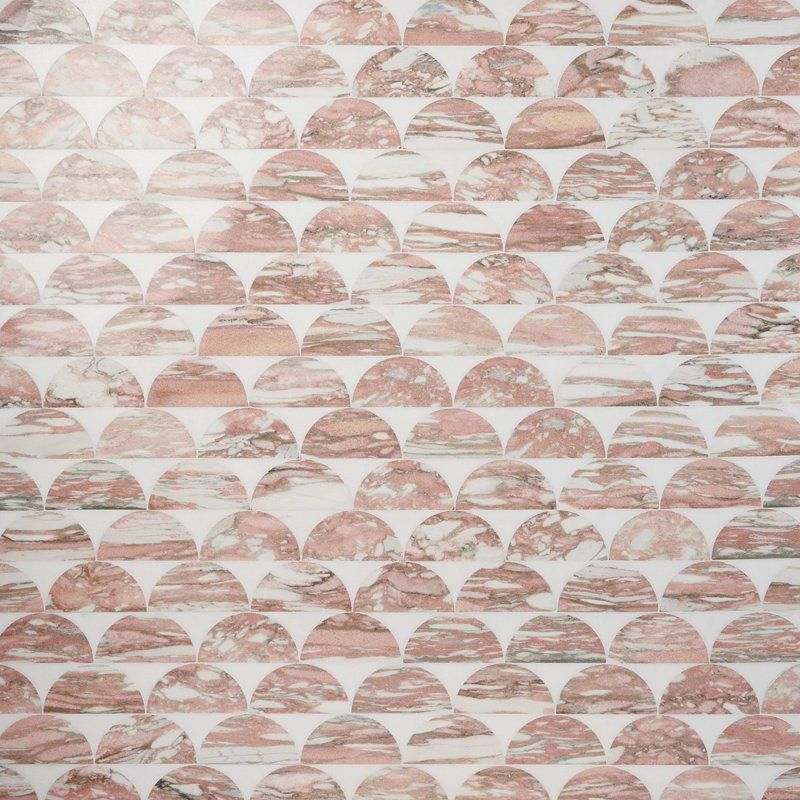 Moonrise 9x12 Half Moon Polished Thassos Marble Waterjet Mosaic Tile, Pink Rosa