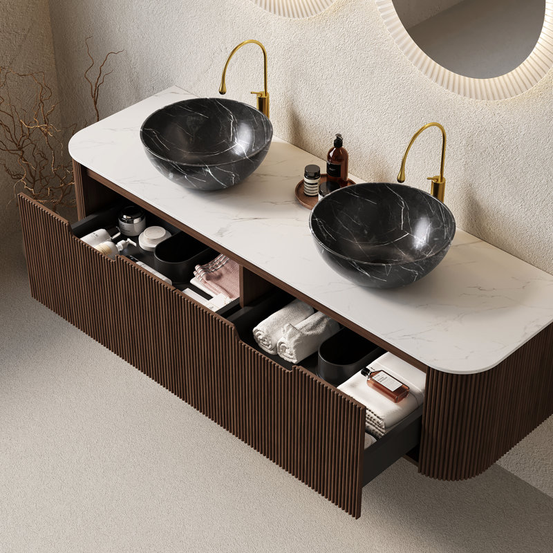 Meuble-lavabo 60 po avec 2 tiroirs, armoire flottante, cuves en céramique noires pré-assemblées, couleur noyer, finition rayée 3D, mécanisme de fermeture silencieuse du tiroir