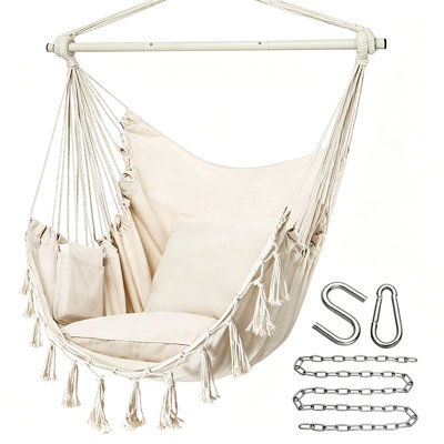 Large Macrame Hammock Swing Chair - Outdoor Hanging Chair with Telescoping Metal Poles, Hanging Chains, 2 Cushions, Hardware Kit, Pocket | Patio Hammock, Outdoor Stuff for Adults, Swinging Chair Outdoor